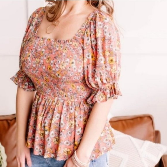 NWOT! Floral Smocked Peplum Top - Picture 1 of 4